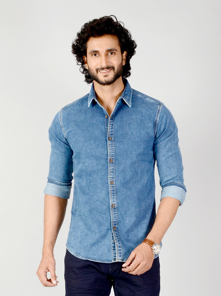 Denim Blue Solid Slim Fit Casual Shirt | JB Sport