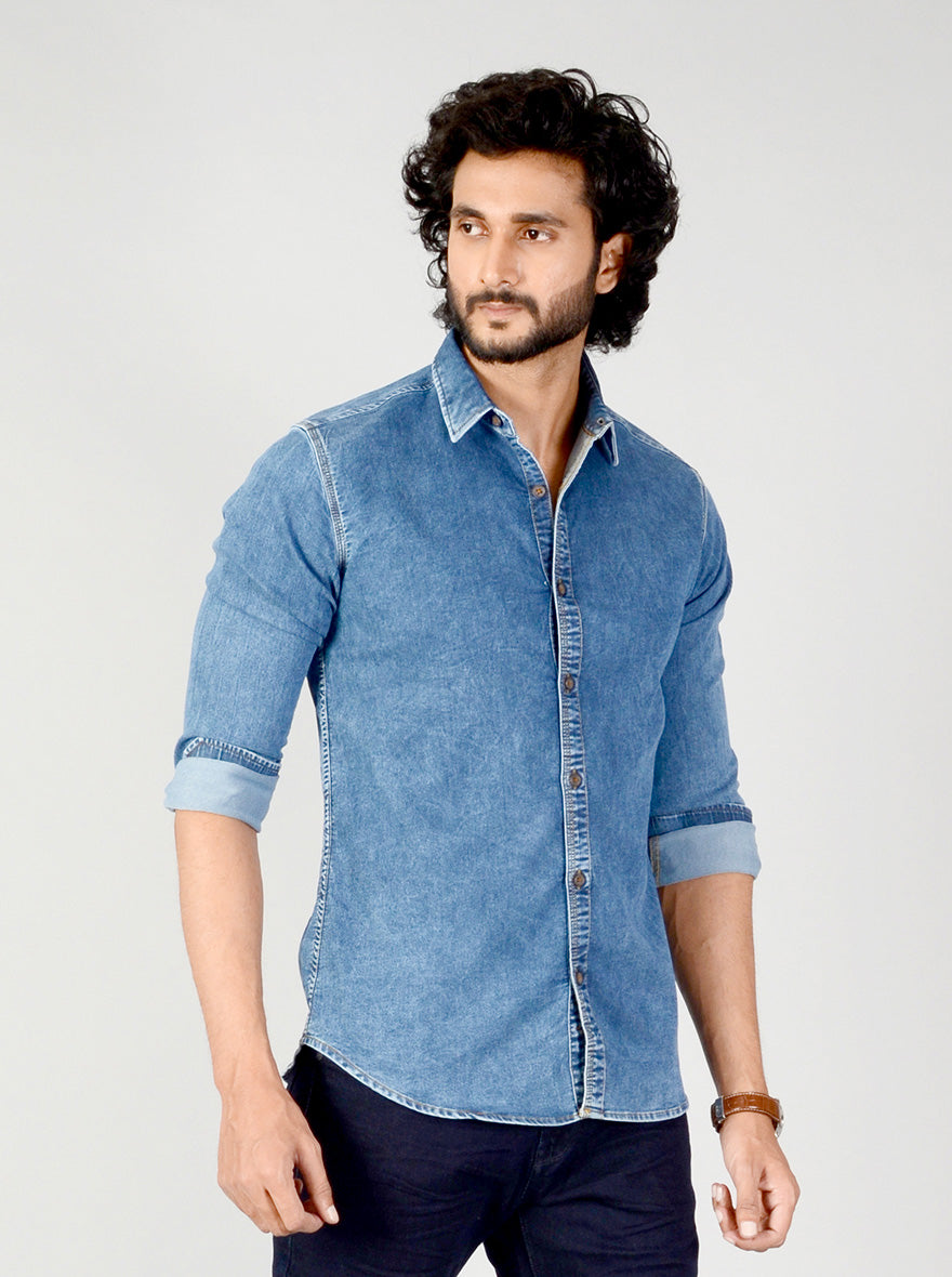 Denim Blue Solid Slim Fit Casual Shirt | JB Sport