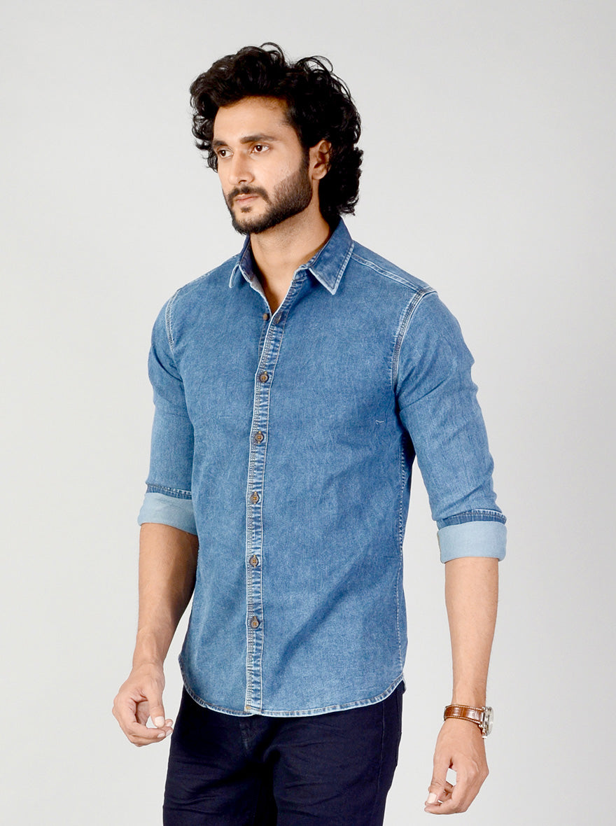 Denim Blue Solid Slim Fit Casual Shirt | JB Sport