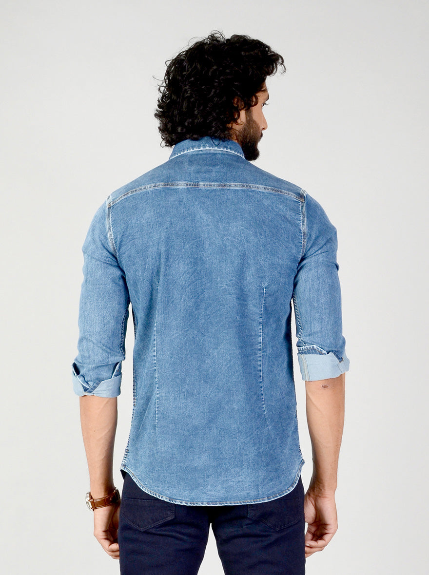 Denim Blue Solid Slim Fit Casual Shirt | JB Sport