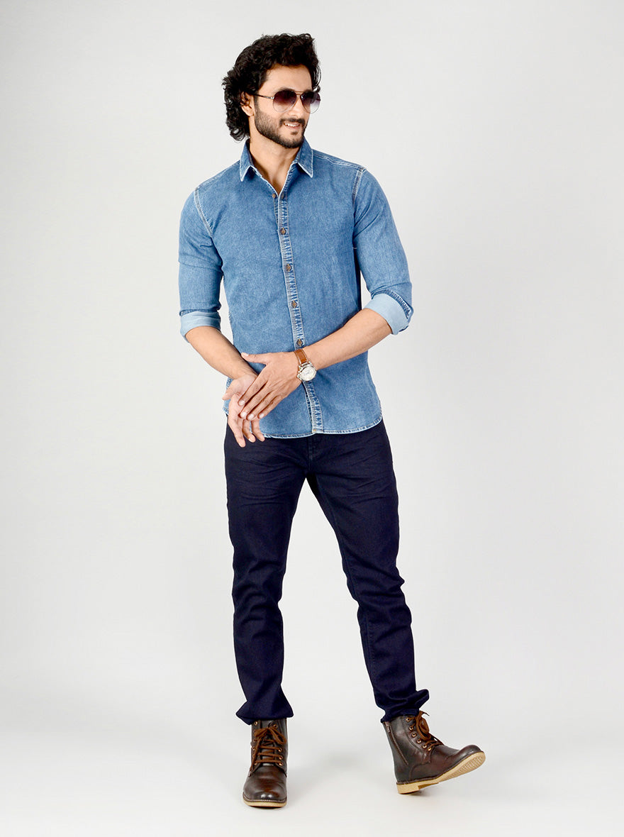 Denim Blue Solid Slim Fit Casual Shirt | JB Sport