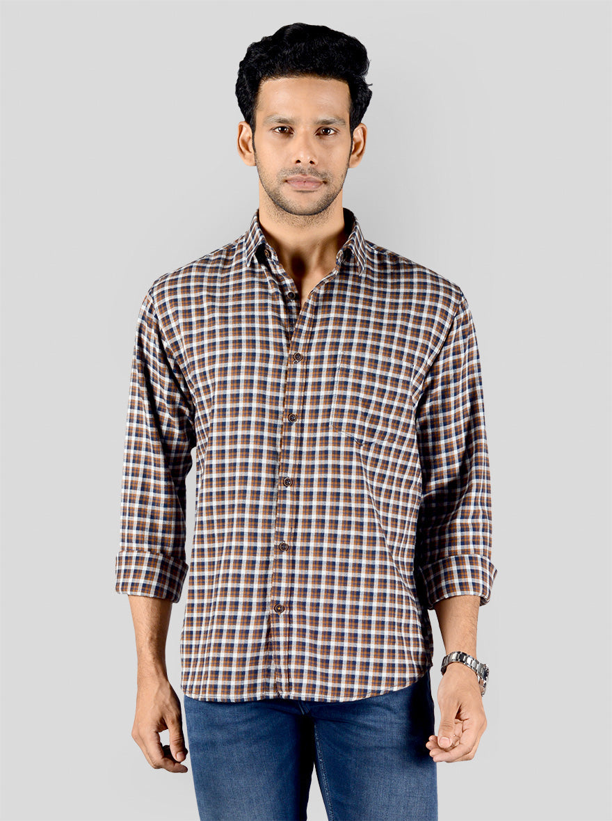 Blue & Brown Checked Slim Fit Casual Shirt | Greenfibre