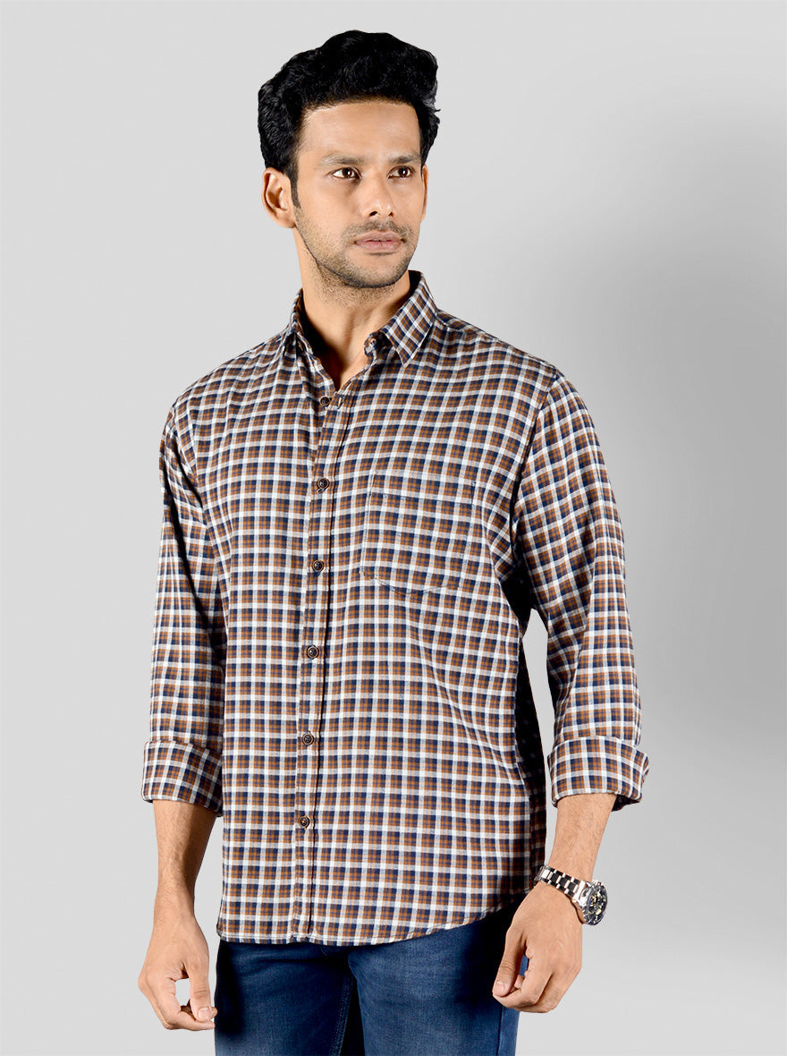 Blue & Brown Checked Slim Fit Casual Shirt | Greenfibre