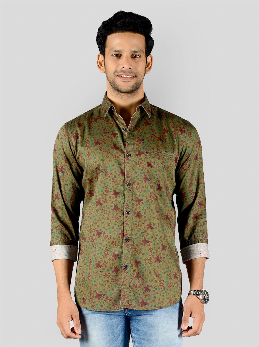 Olive Green Printed Slim Fit Casual Shirt | JB Sport