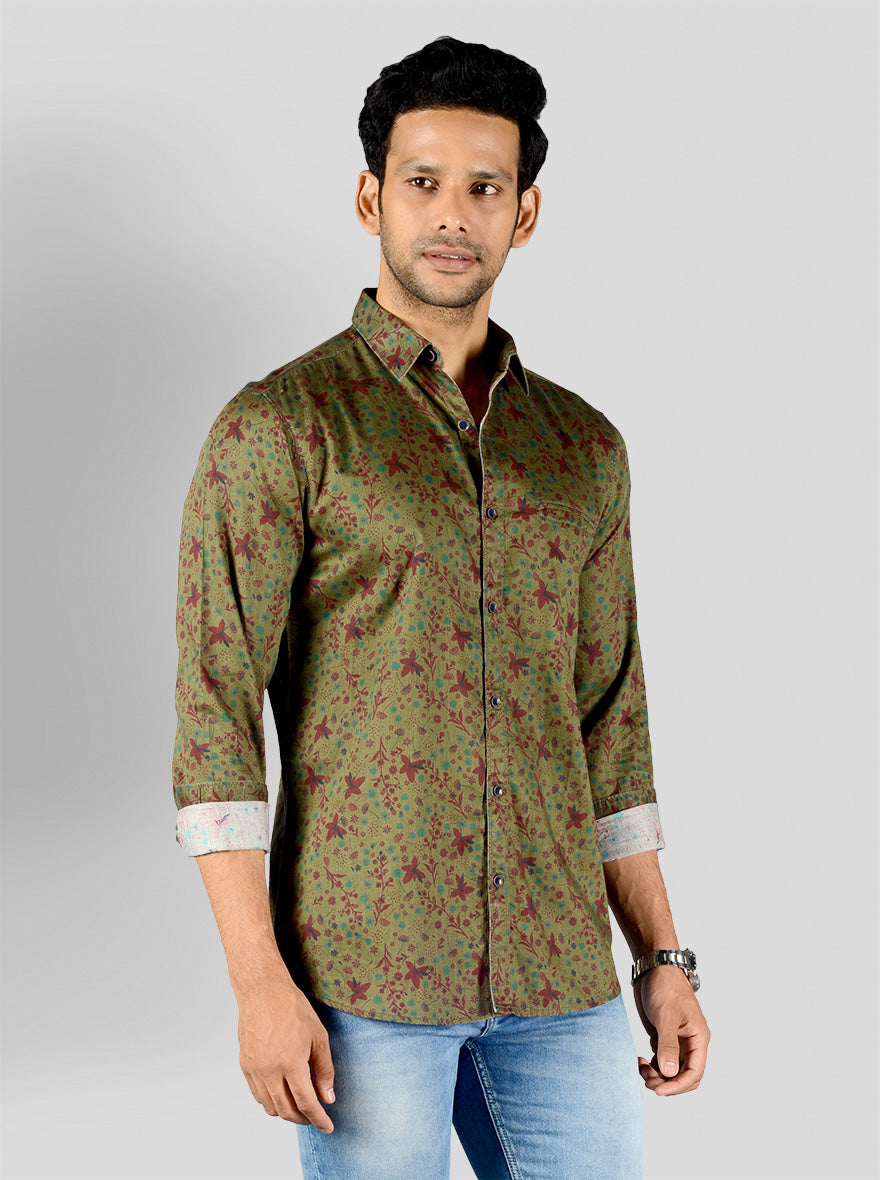 Olive Green Printed Slim Fit Casual Shirt | JB Sport