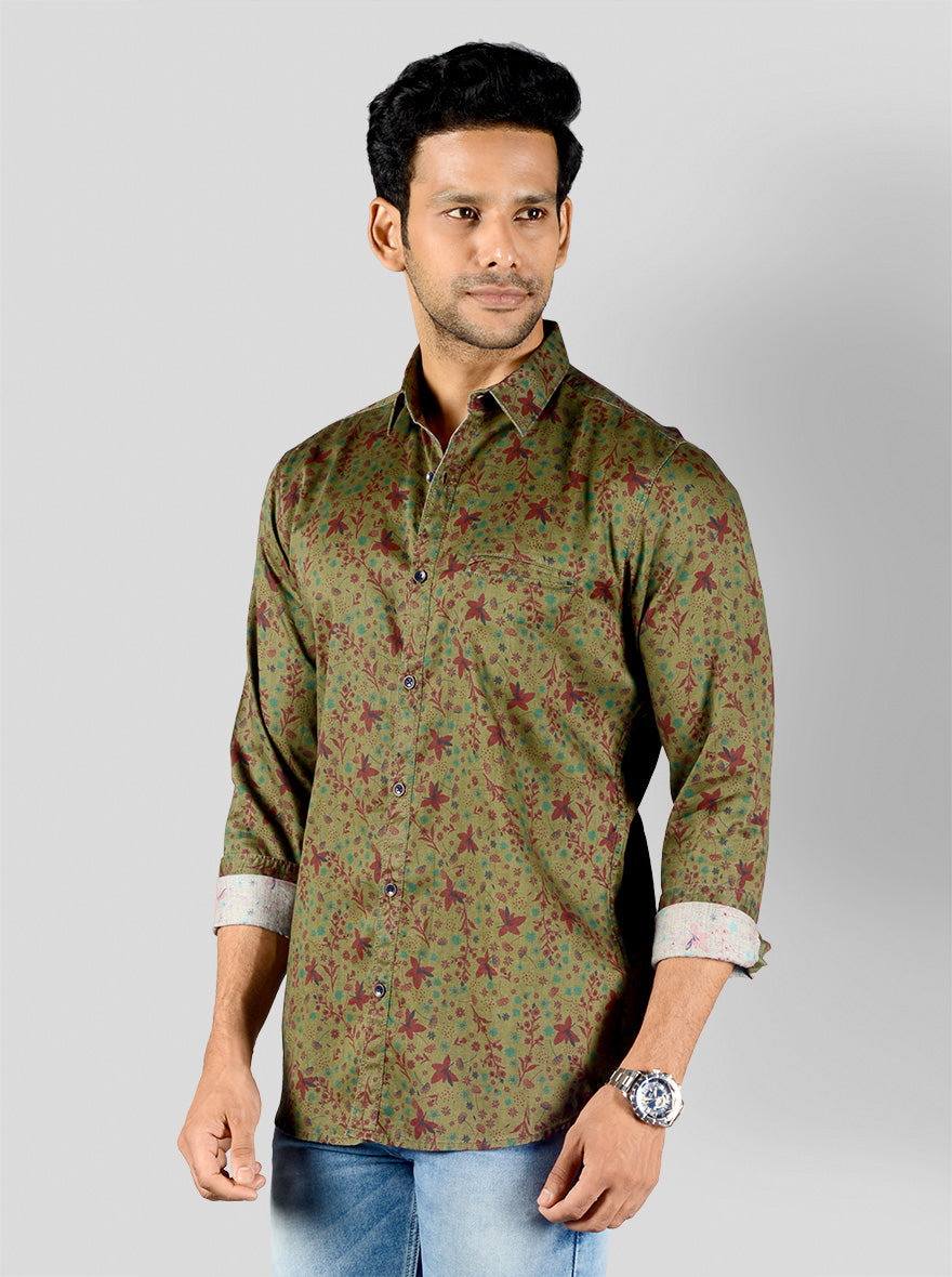 Olive Green Printed Slim Fit Casual Shirt | JB Sport