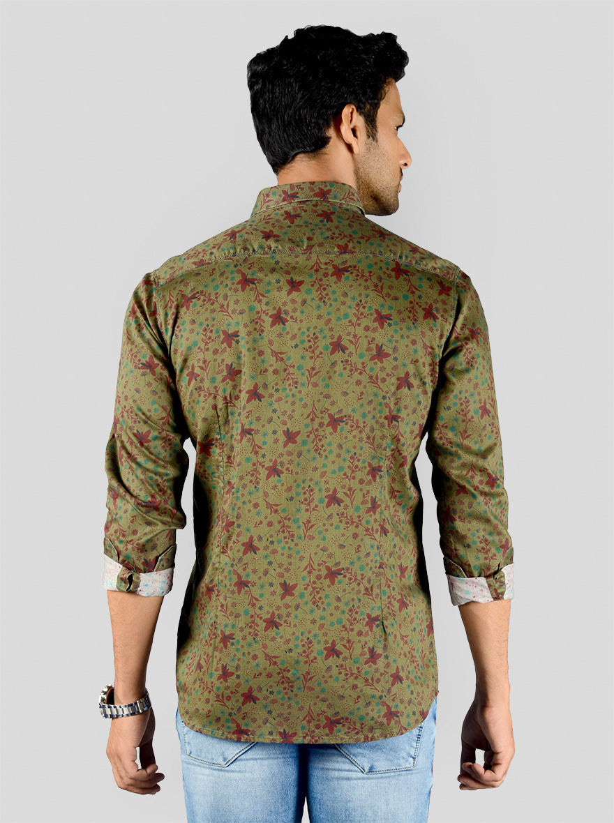 Olive Green Printed Slim Fit Casual Shirt | JB Sport