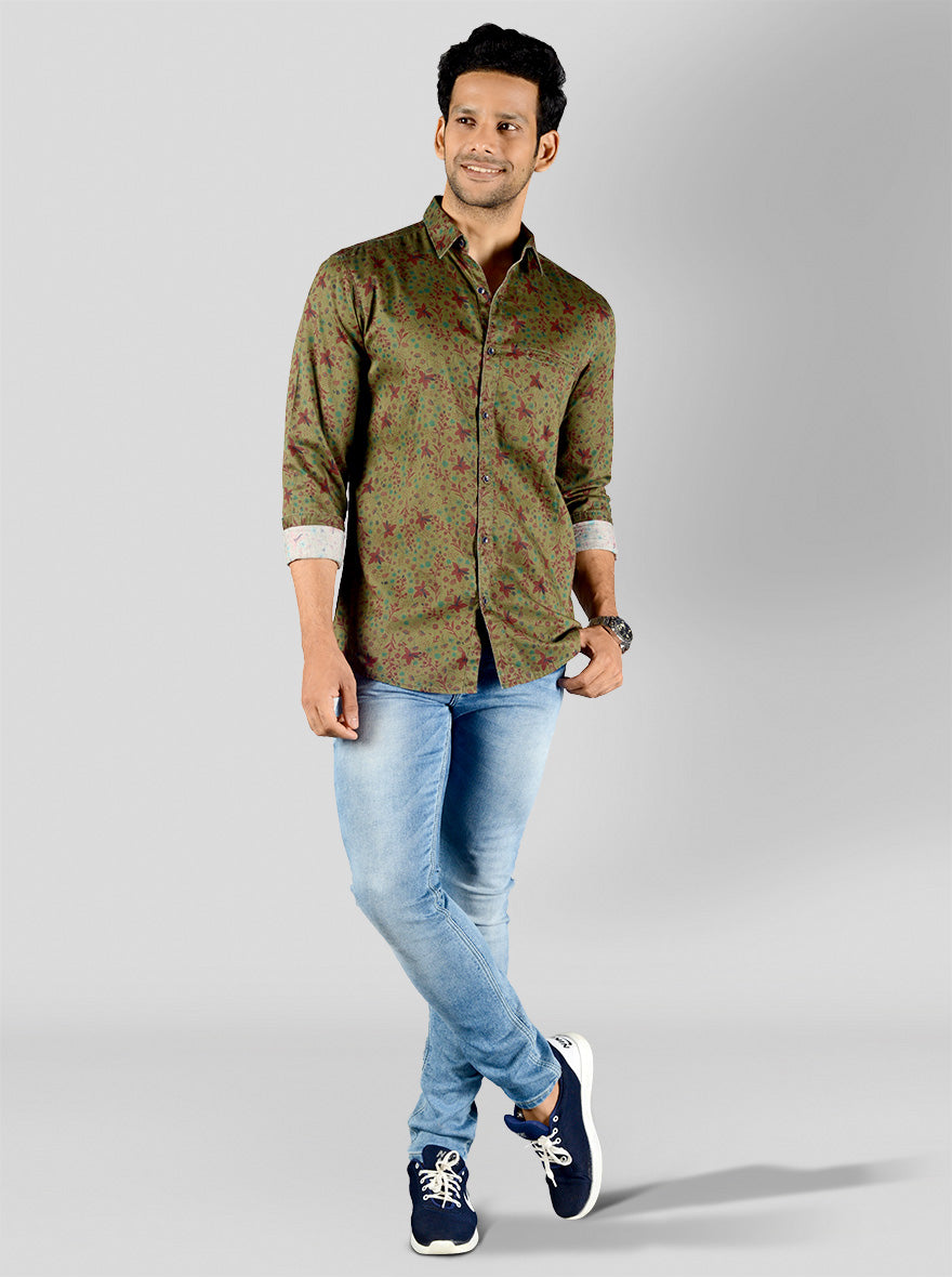 Olive Green Printed Slim Fit Casual Shirt | JB Sport