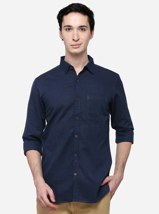 Navy Blue Slim Fit Solid Casual Shirt | JB Sport