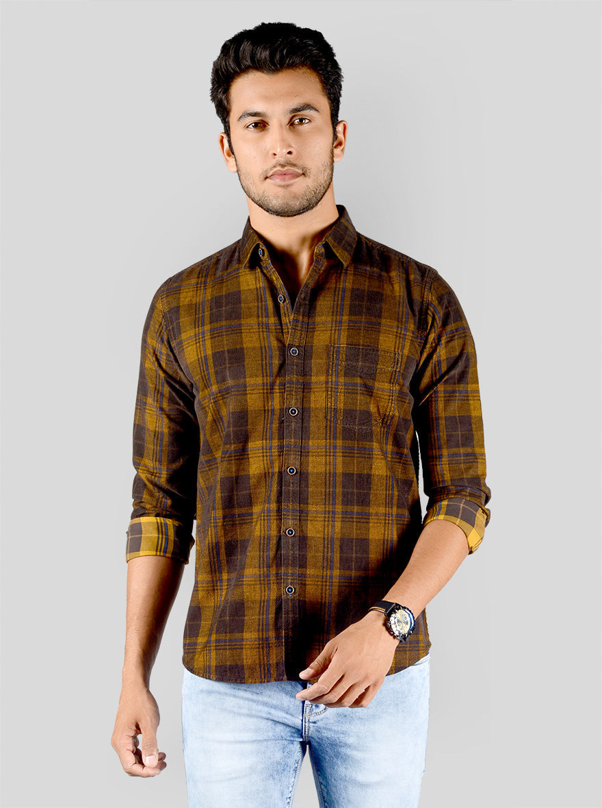 Golden Brown Checked Slim Fit Casual Shirt | JB Sport