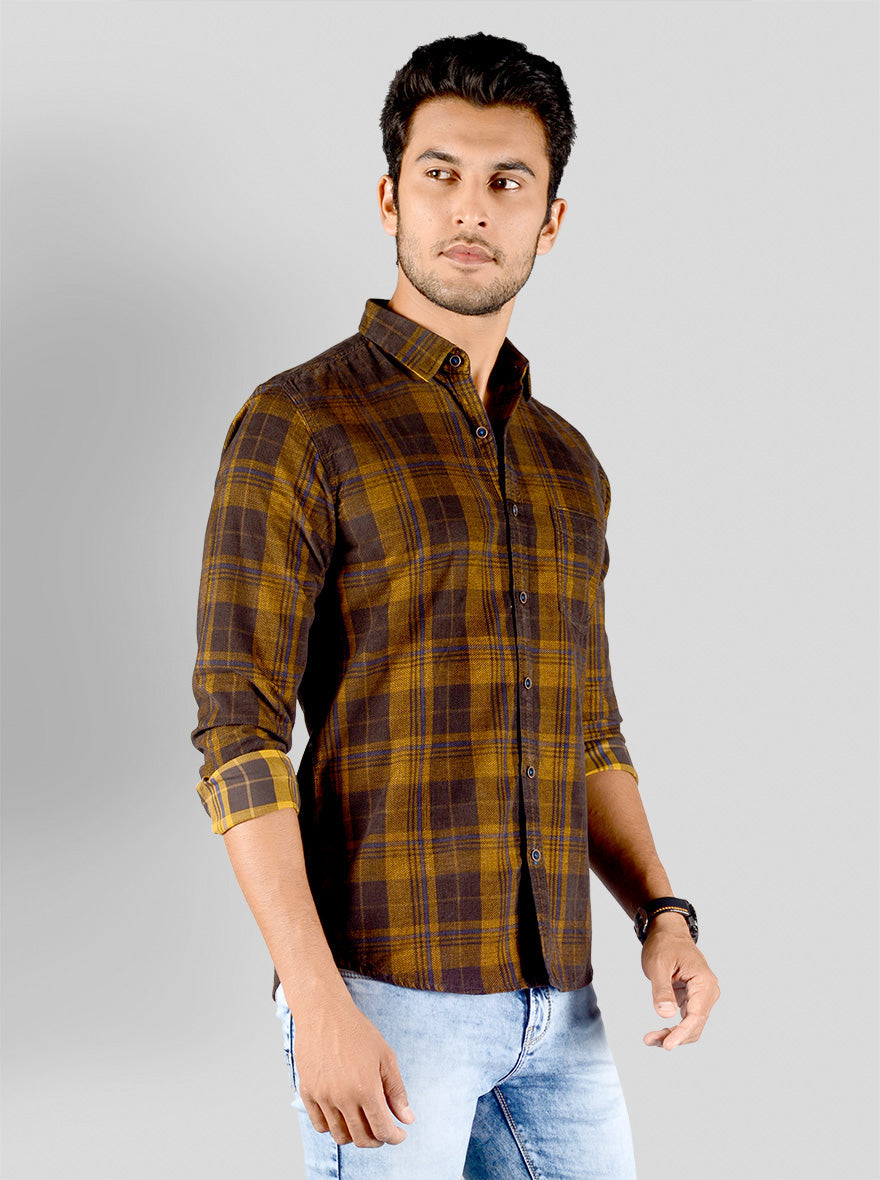 Golden Brown Checked Slim Fit Casual Shirt | JB Sport