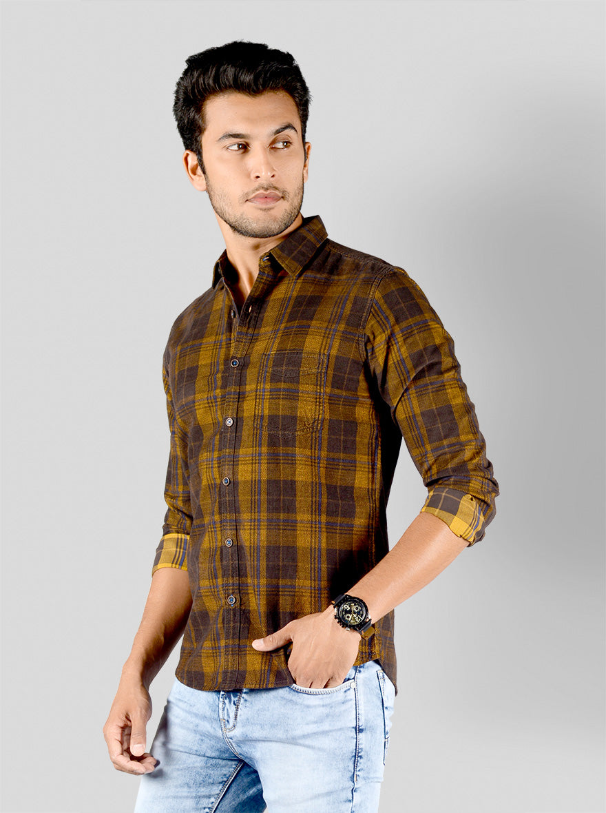 Golden Brown Checked Slim Fit Casual Shirt | JB Sport