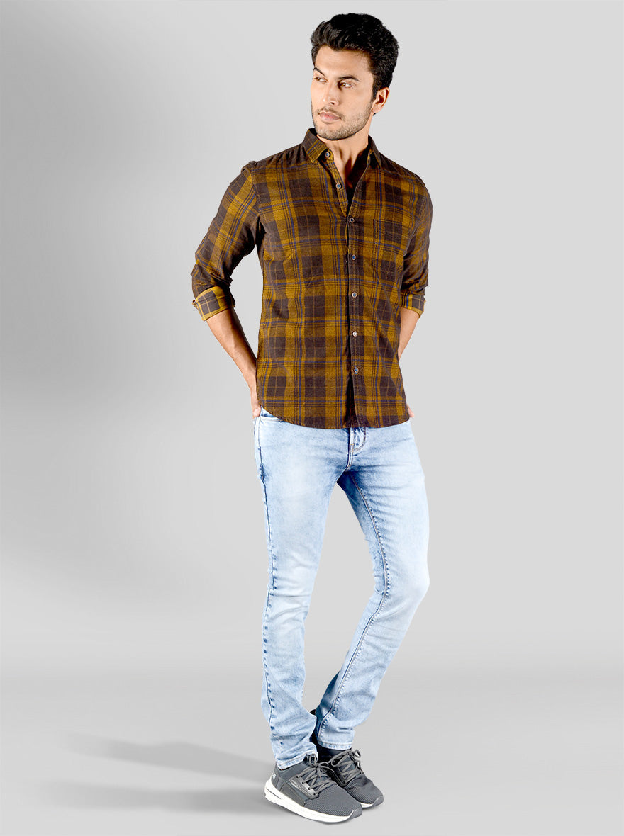 Golden Brown Checked Slim Fit Casual Shirt | JB Sport