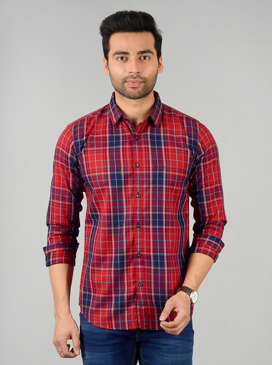 Ribbon Red Checked Slim Fit Casual Shirt | JB Sport