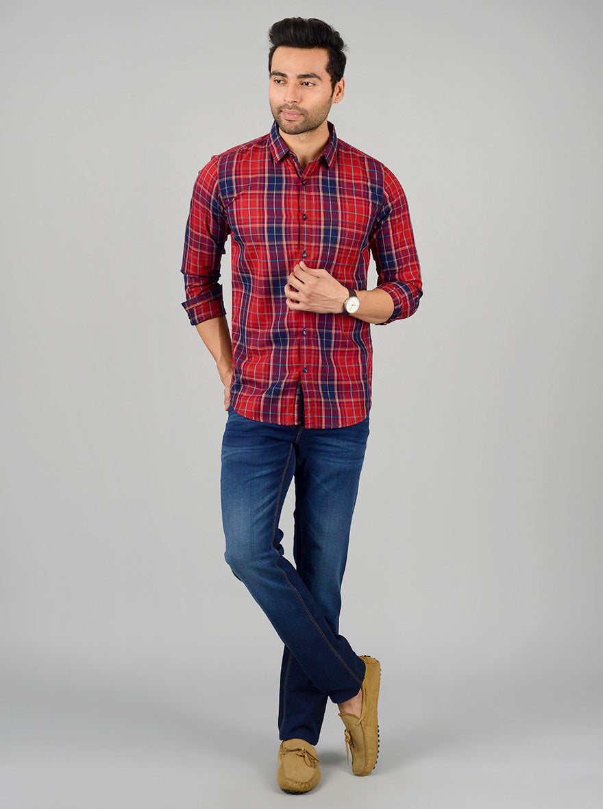 Ribbon Red Checked Slim Fit Casual Shirt | JB Sport