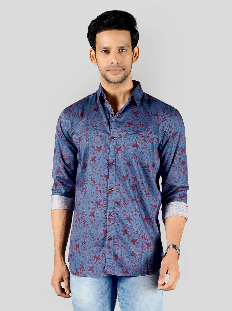 Teal Blue Printed Slim Fit Casual Shirt | JB Sport