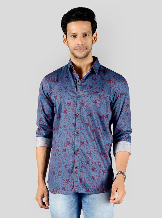 Teal Blue Printed Slim Fit Casual Shirt | JB Sport