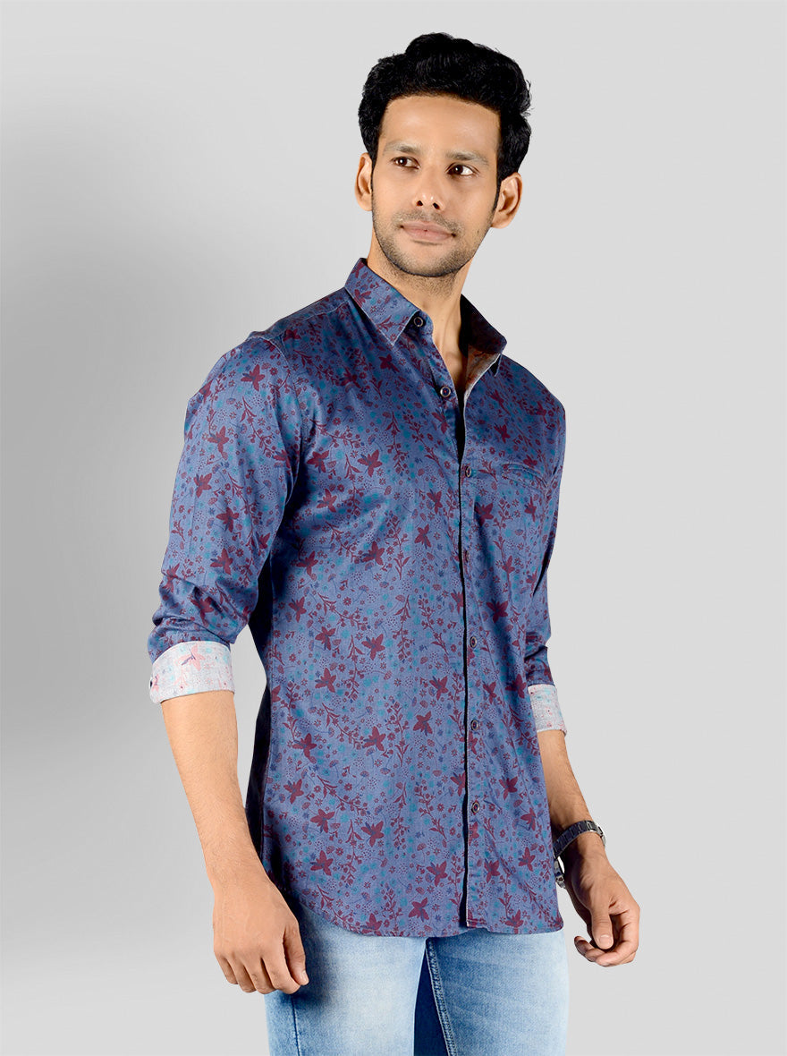 Teal Blue Printed Slim Fit Casual Shirt | JB Sport