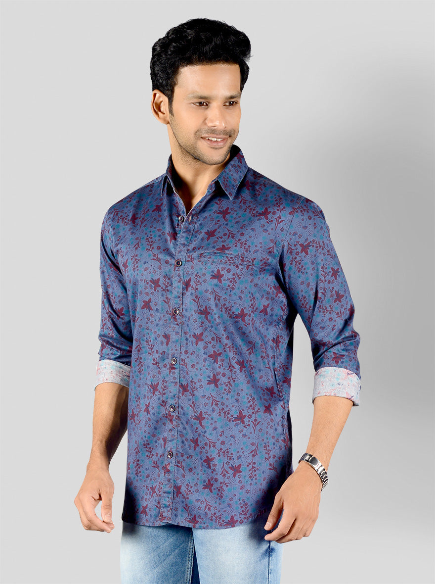 Teal Blue Printed Slim Fit Casual Shirt | JB Sport