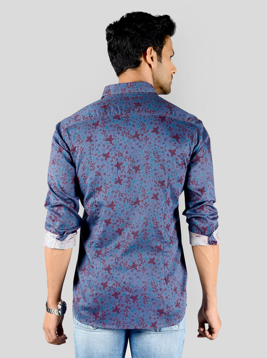 Teal Blue Printed Slim Fit Casual Shirt | JB Sport