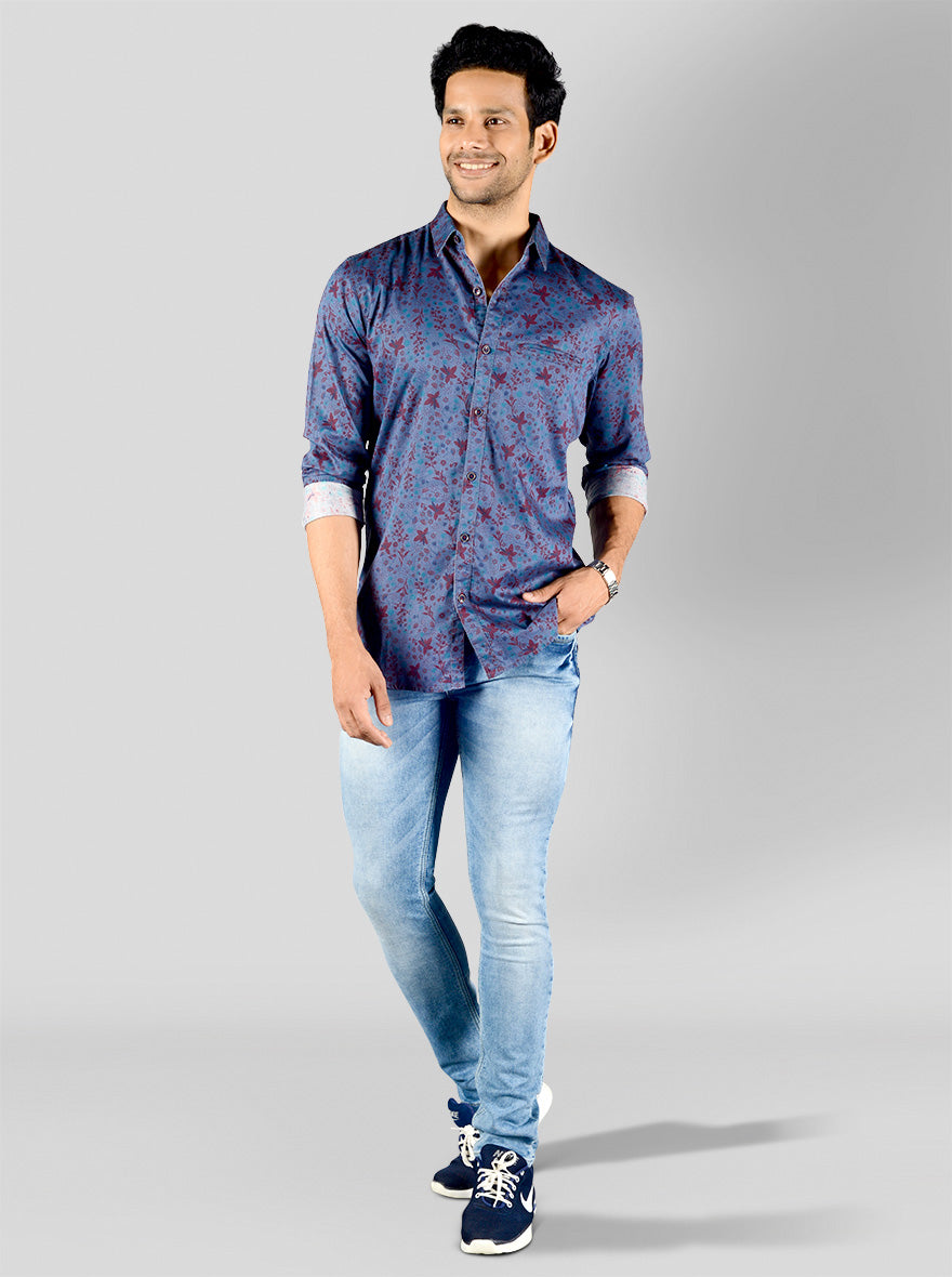 Teal Blue Printed Slim Fit Casual Shirt | JB Sport