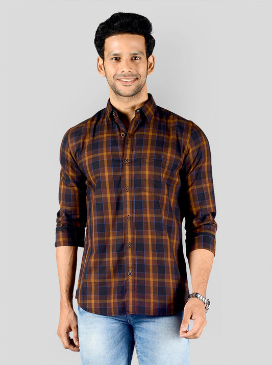 Chestnut Brown Checked Slim Fit Casual Shirt | JB Sport