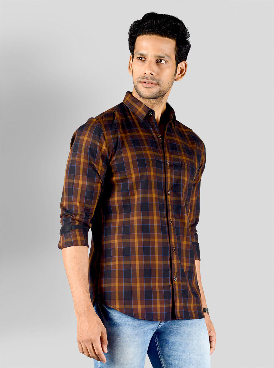 Chestnut Brown Checked Slim Fit Casual Shirt | JB Sport