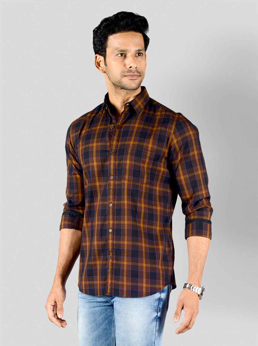 Chestnut Brown Checked Slim Fit Casual Shirt | JB Sport