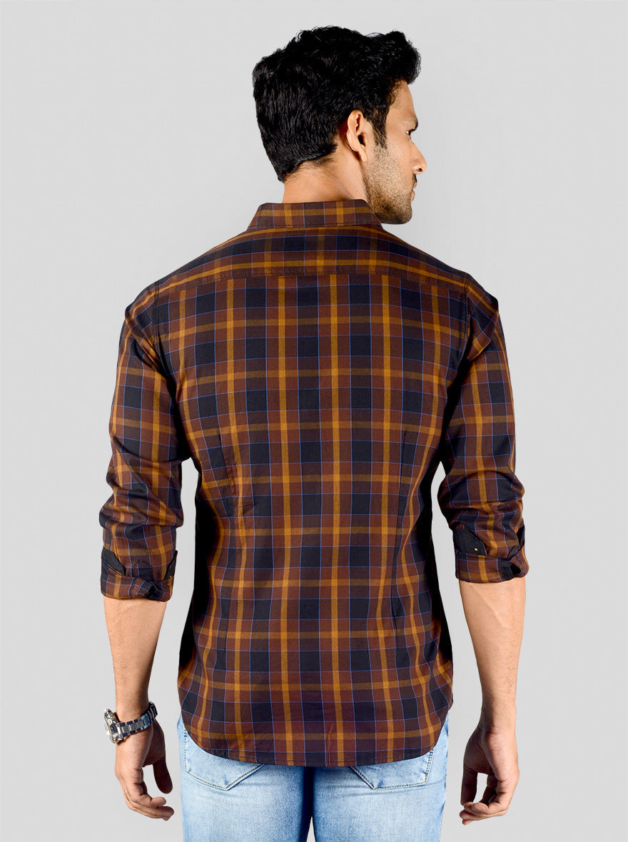 Chestnut Brown Checked Slim Fit Casual Shirt | JB Sport