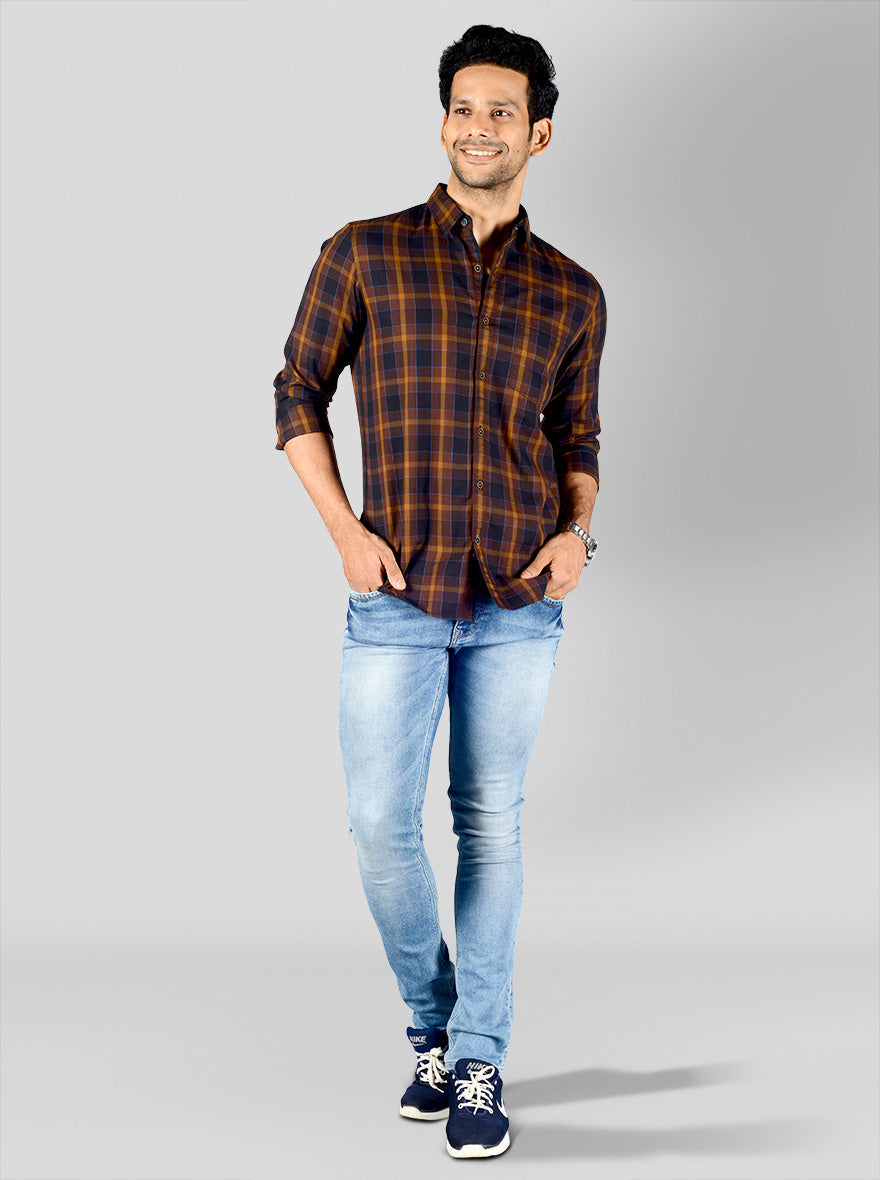 Chestnut Brown Checked Slim Fit Casual Shirt | JB Sport