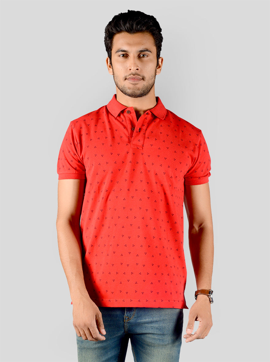 Electric Red Printed Slim Fit Polo T-shirt | Greenfibre