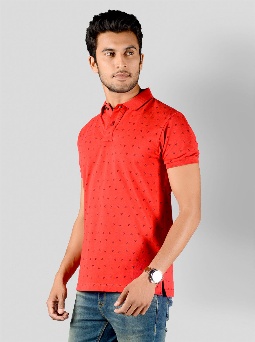 Electric Red Printed Slim Fit Polo T-shirt | Greenfibre