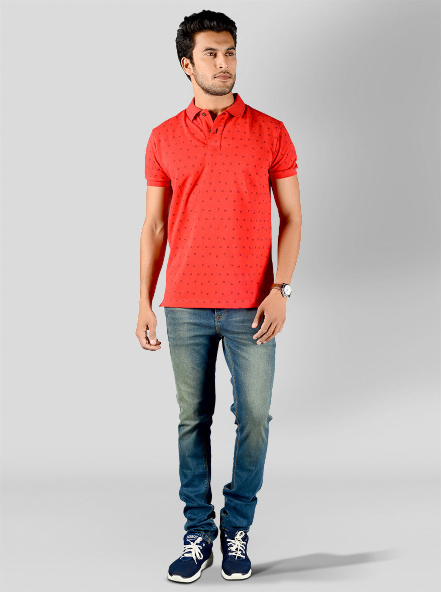 Electric Red Printed Slim Fit Polo T-shirt | Greenfibre