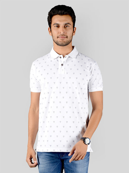 Bright White Printed Slim Fit Polo T-shirt | Greenfibre