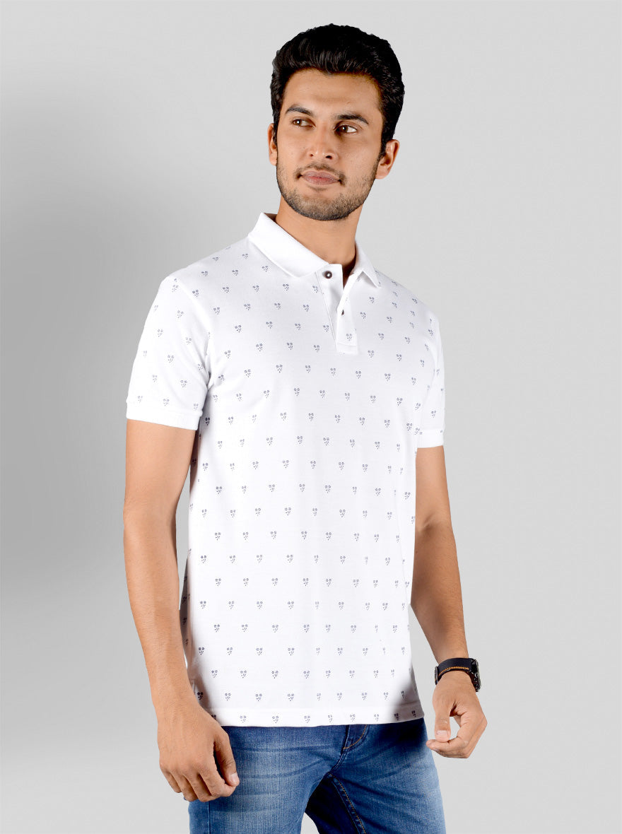 Bright White Printed Slim Fit Polo T-shirt | Greenfibre