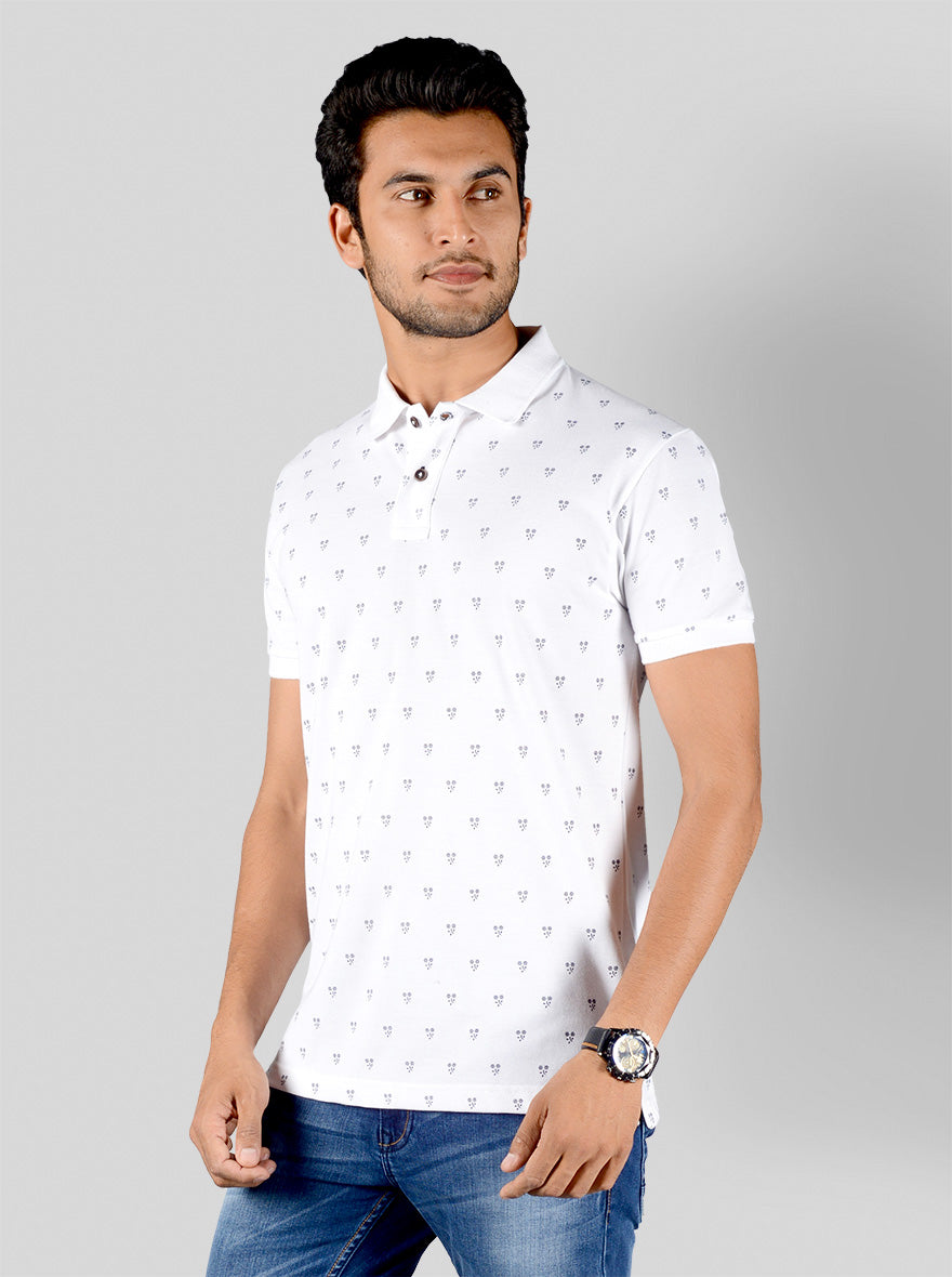 Bright White Printed Slim Fit Polo T-shirt | Greenfibre