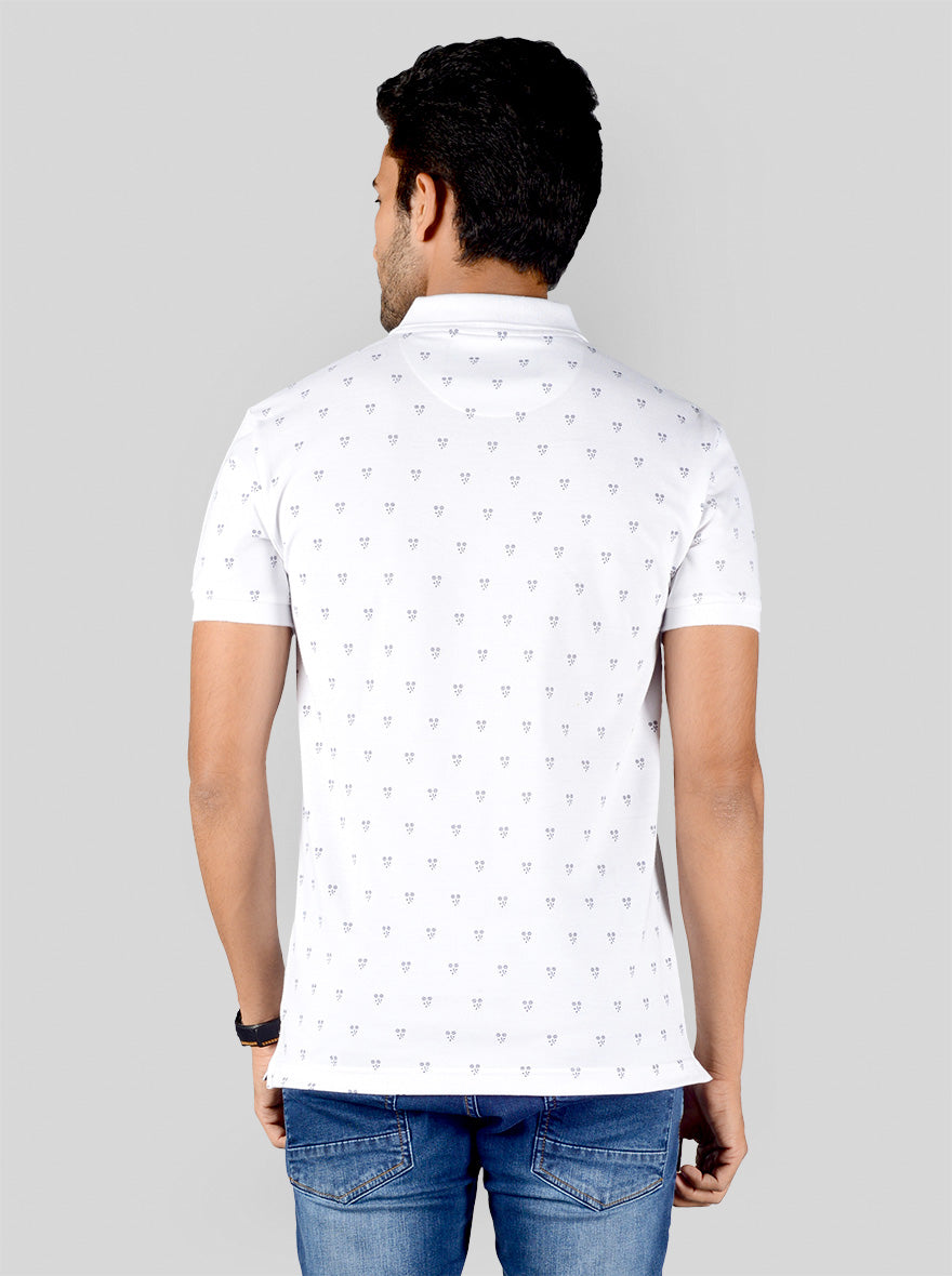 Bright White Printed Slim Fit Polo T-shirt | Greenfibre