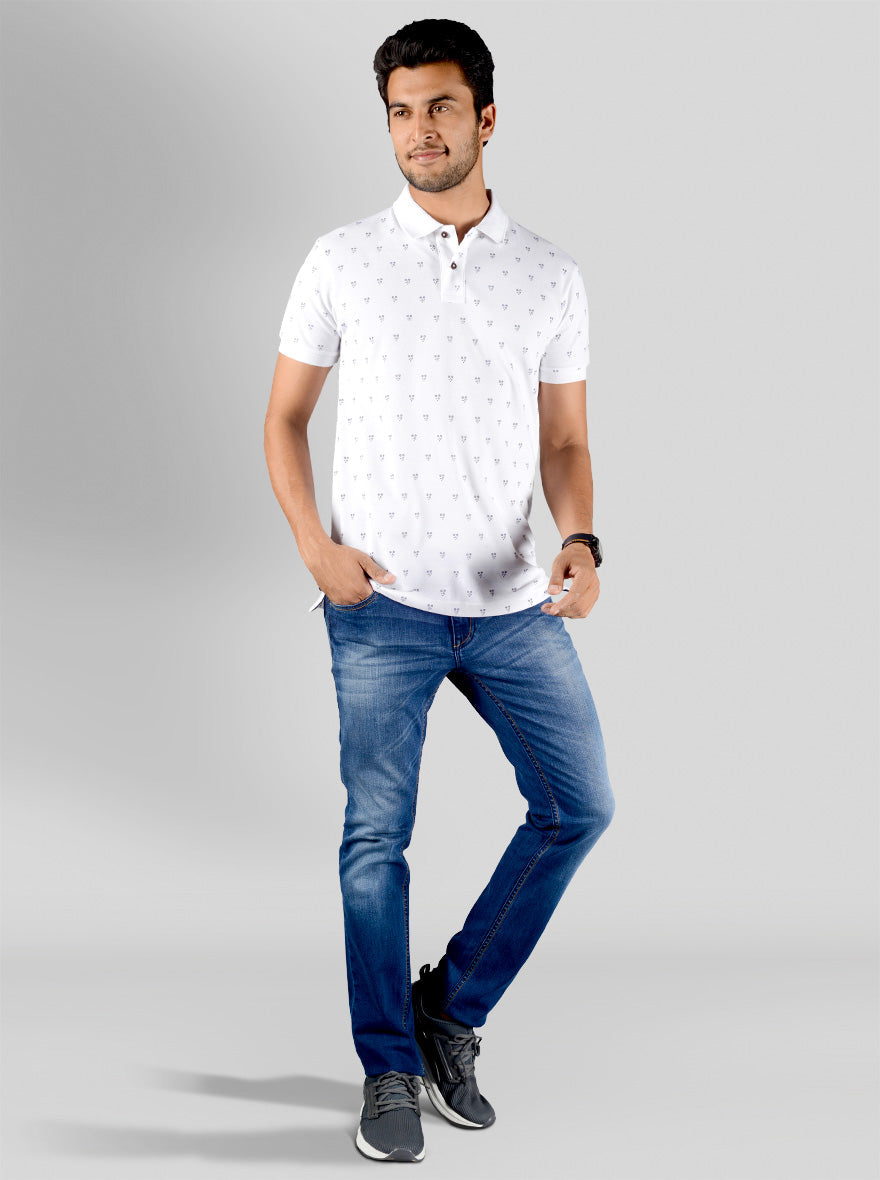 Bright White Printed Slim Fit Polo T-shirt | Greenfibre