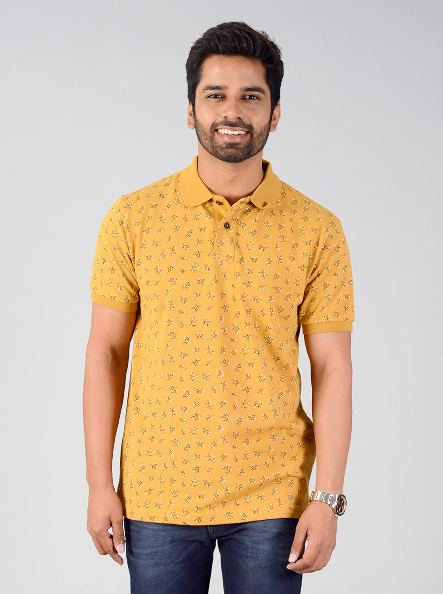 Mustard Brown Printed Slim Fit Polo T-shirt | Greenfibre