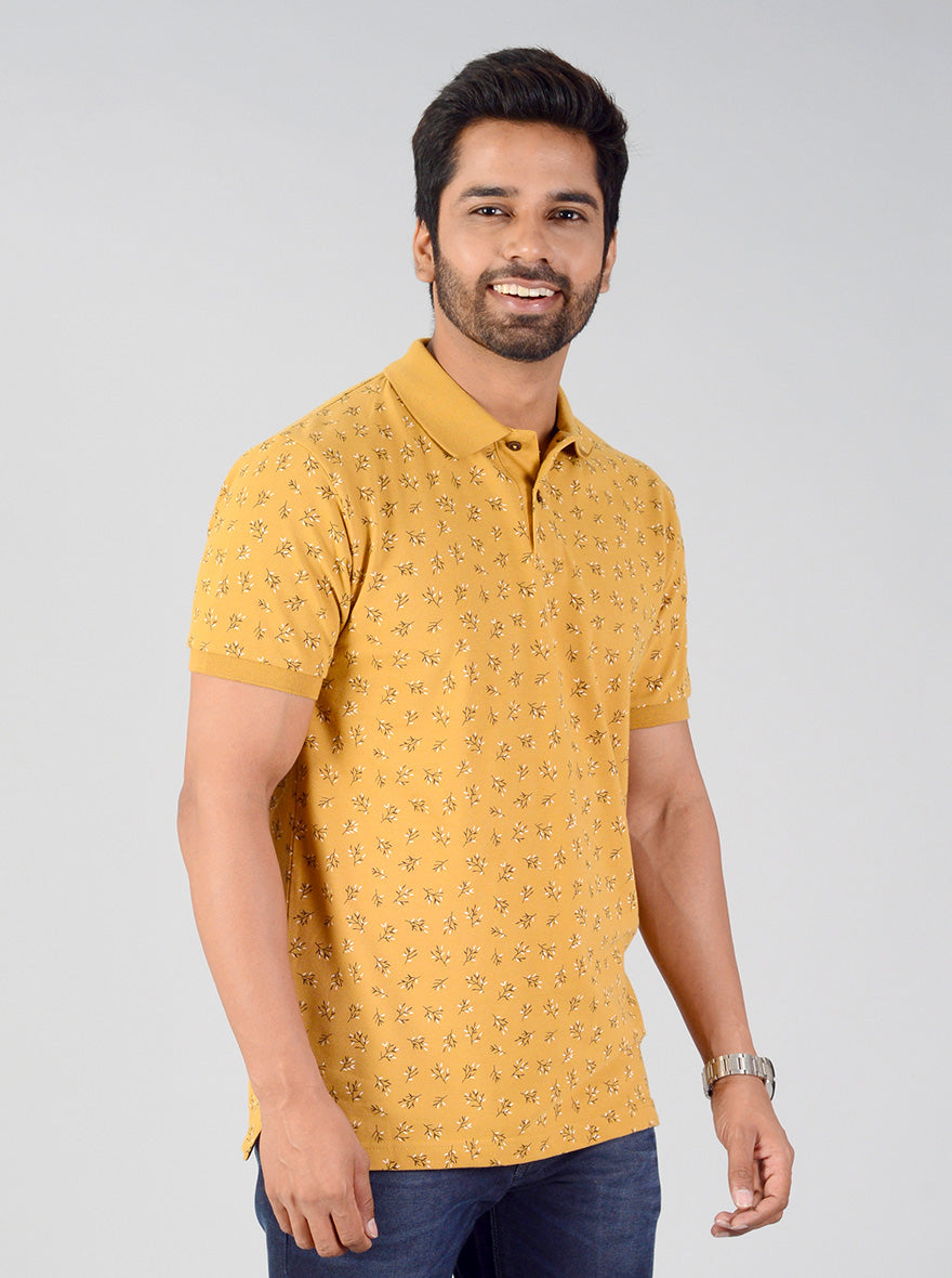 Mustard Brown Printed Slim Fit Polo T-shirt | Greenfibre