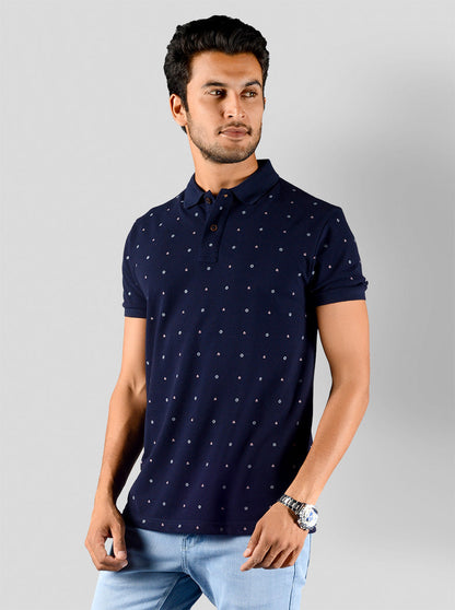 Deep Blue Printed Slim Fit Polo T-shirt | Greenfibre