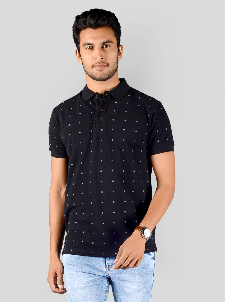 Black Printed Slim Fit Polo T-shirt | Greenfibre