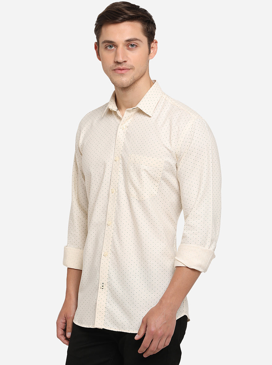 Cream Printed Slim Fit Semi Casual Shirt | Greenfibre