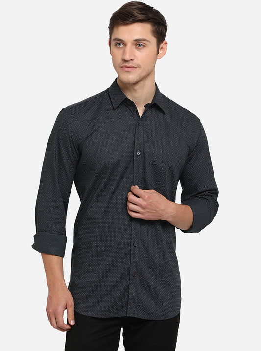 Black Printed Slim Fit Semi Casual Shirt | Greenfibre