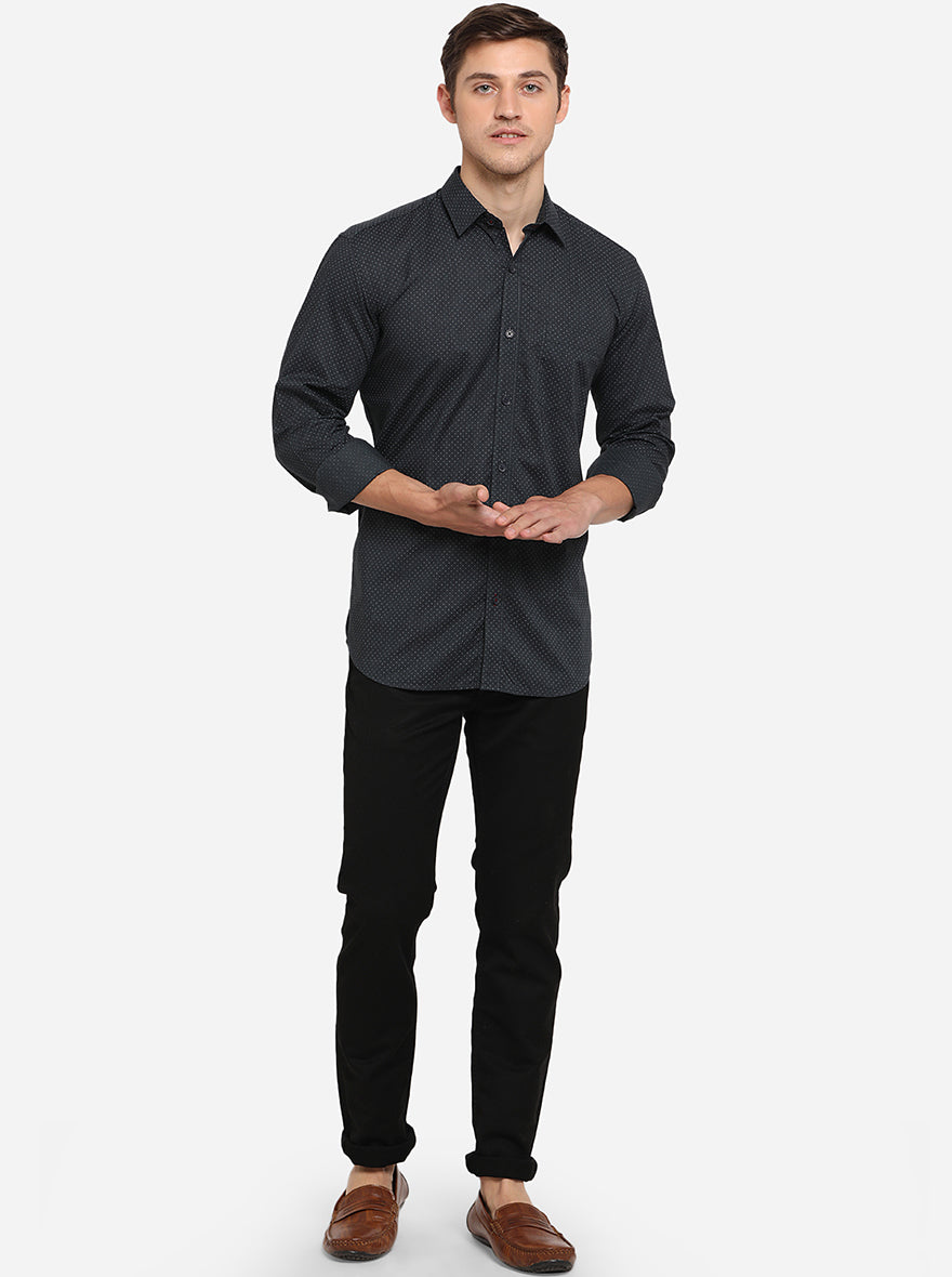 Black Printed Slim Fit Semi Casual Shirt | Greenfibre