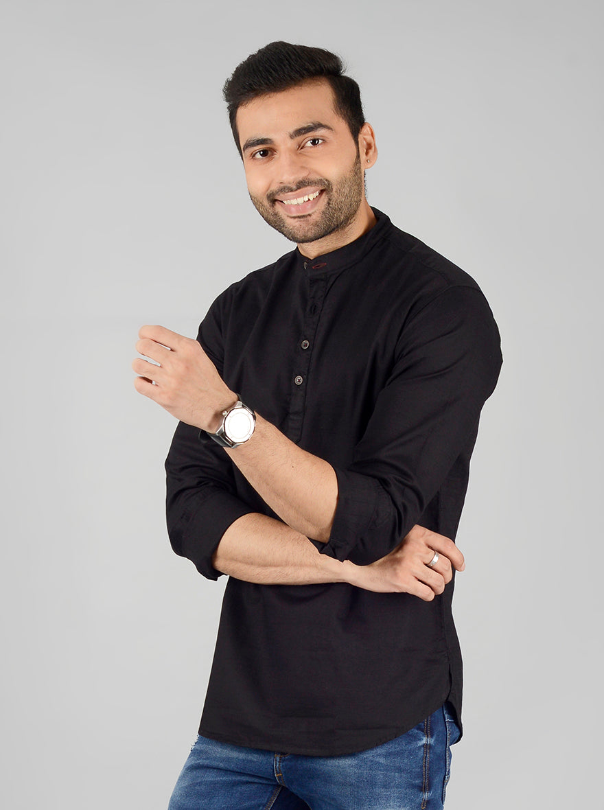 Black Solid Slim Fit Short Kurta | Greenfibre