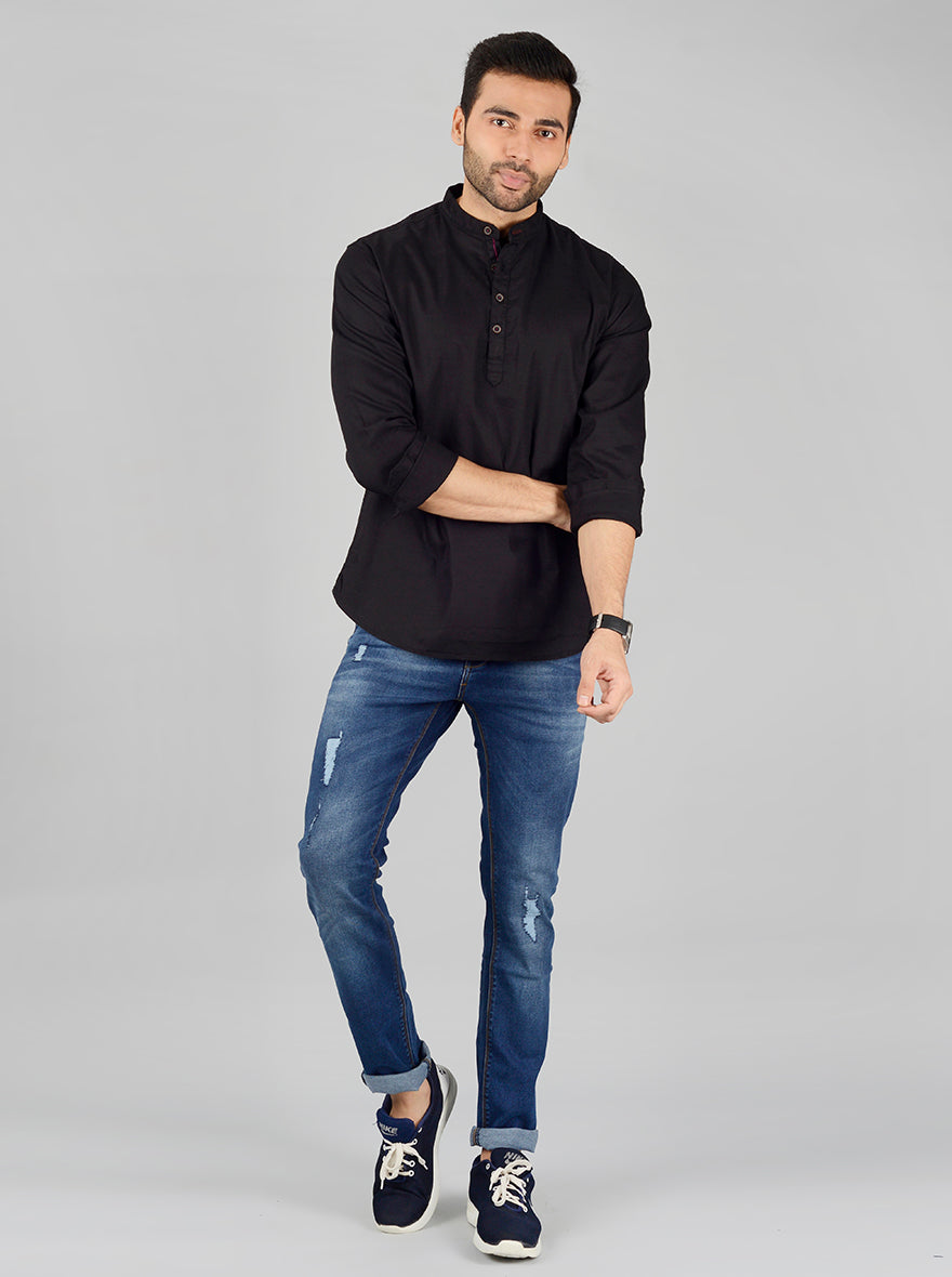 Black Solid Slim Fit Short Kurta | Greenfibre