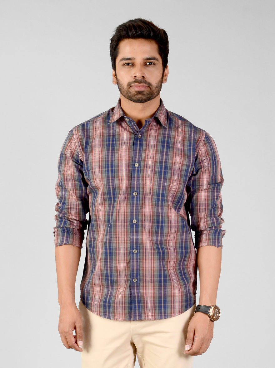 Dusty Pink Checked Classic Fit Casual Shirt | Greenfibre