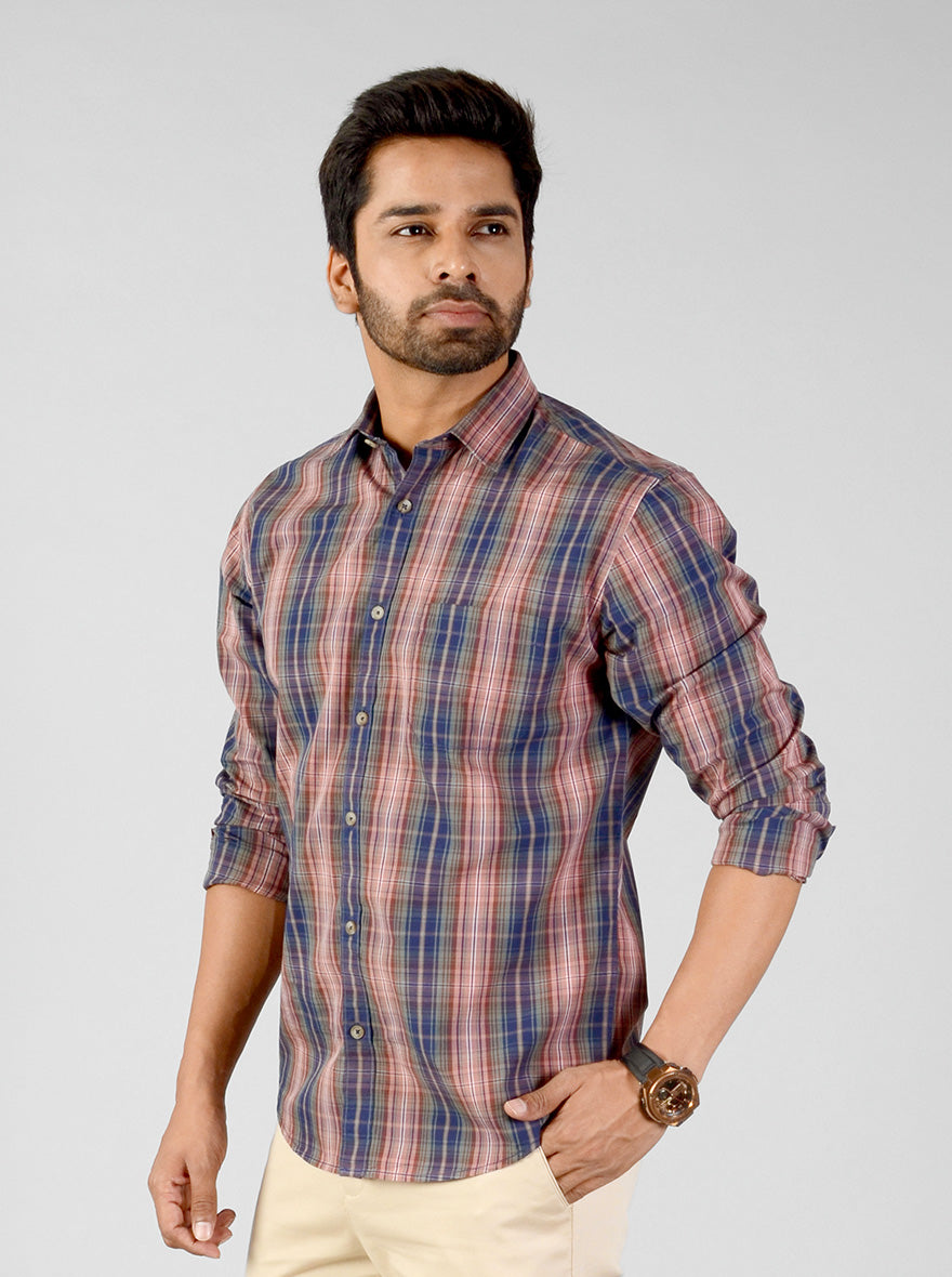 Dusty Pink Checked Classic Fit Casual Shirt | Greenfibre