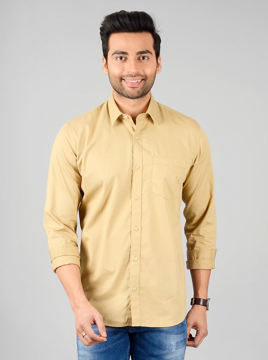 Beige Solid Slim Fit Casual Shirt | JB Sport